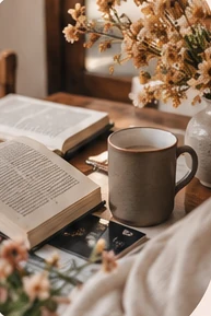 Libro abierto y una taza en una mesa, imagen temporal