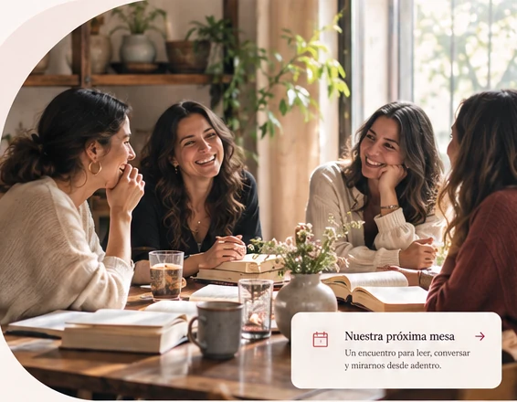 Mujeres compartiendo una conversación alrededor de una mesa, imagen ilustrativa temporal